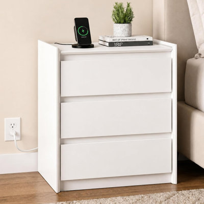 Modern Minimalist Nightstand with 3 Drawers & Hidden Charging Station, White