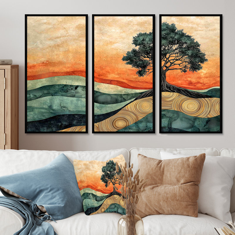 Baobab africain avec des racines de sérénité IV - art mural arbre - ensemble de 3, H 28 po x l 36 po, Noir