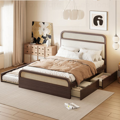 Grand lit plateforme en bois avec lit gigogne et 2 tiroirs, espresso