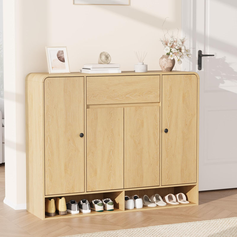 Range-chaussures autoportant en bois - 4 portes et 1 tiroir - Rangement de vestibule moderne avec tablette inférieure ouverte, coins arrondis semi-circulaires, rangement de couloir de grande capacité - couleur bois naturel