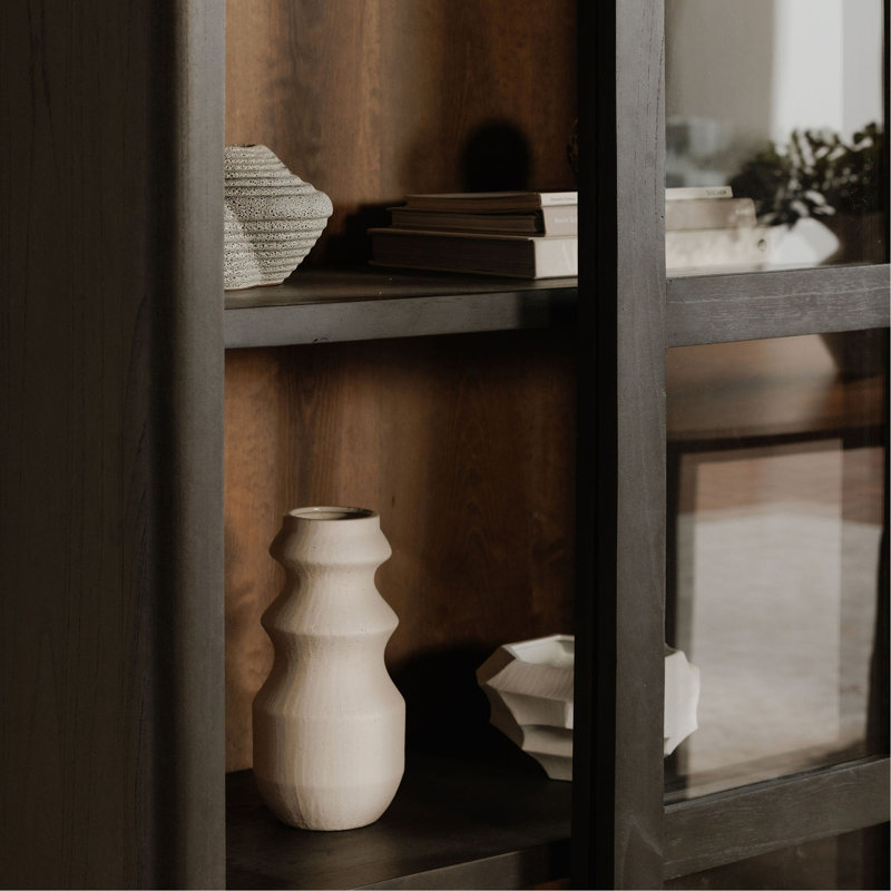 Armoire, cadre en bois de neem massif, portes coulissantes en verre, coins arrondis, noir