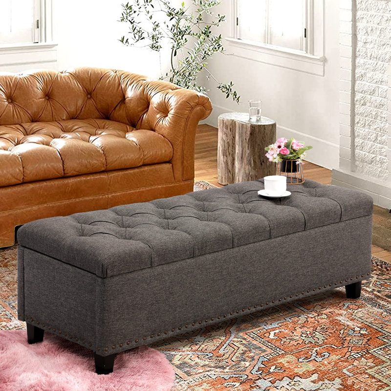 Favien Linen Upholstered Storage Bench, Gray