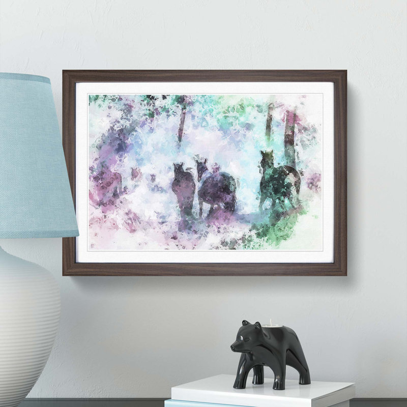 Horses in a Colourful Forest in Abstract - Picture Frame Painting Print, Walnut Framed, 62cm H x 87cm W x 2cm D