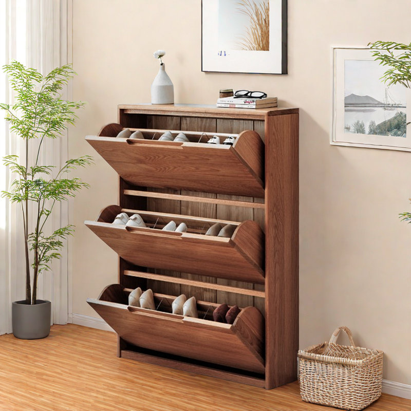 Solid Wood Tipper Shoe Cabinet 12 Pair Solid Wood Shoe Storage Cabinet, Tan, 45.66" H x 33.46" W x 7.87" D