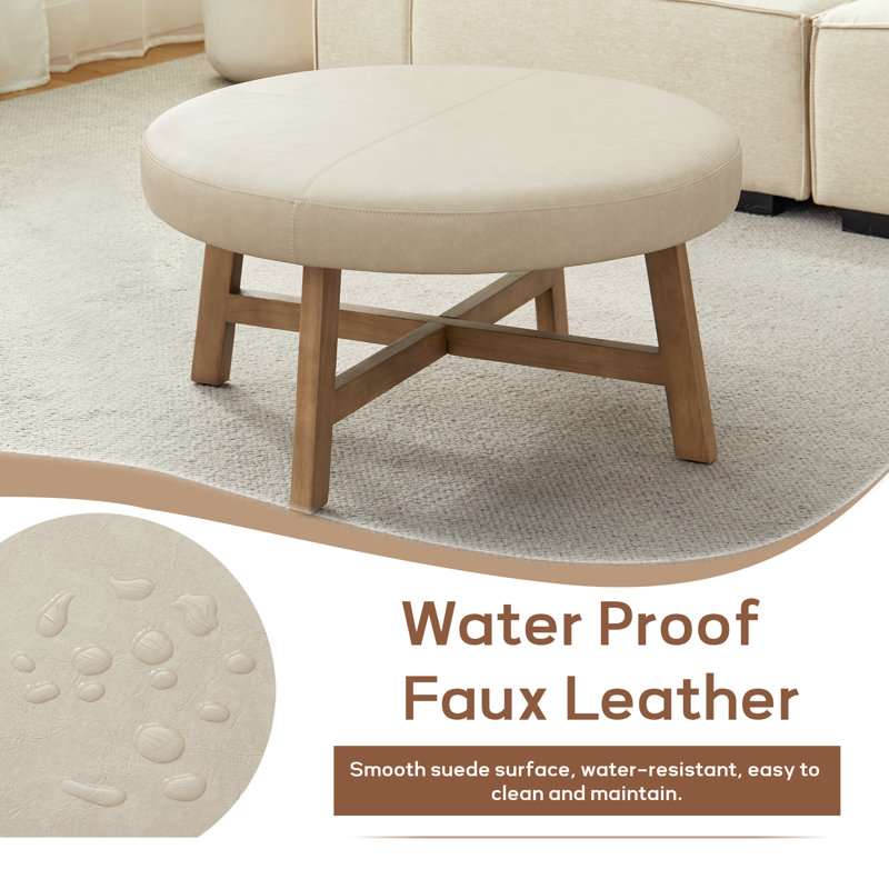 33.1" Round Leather Coffee Table, Beige