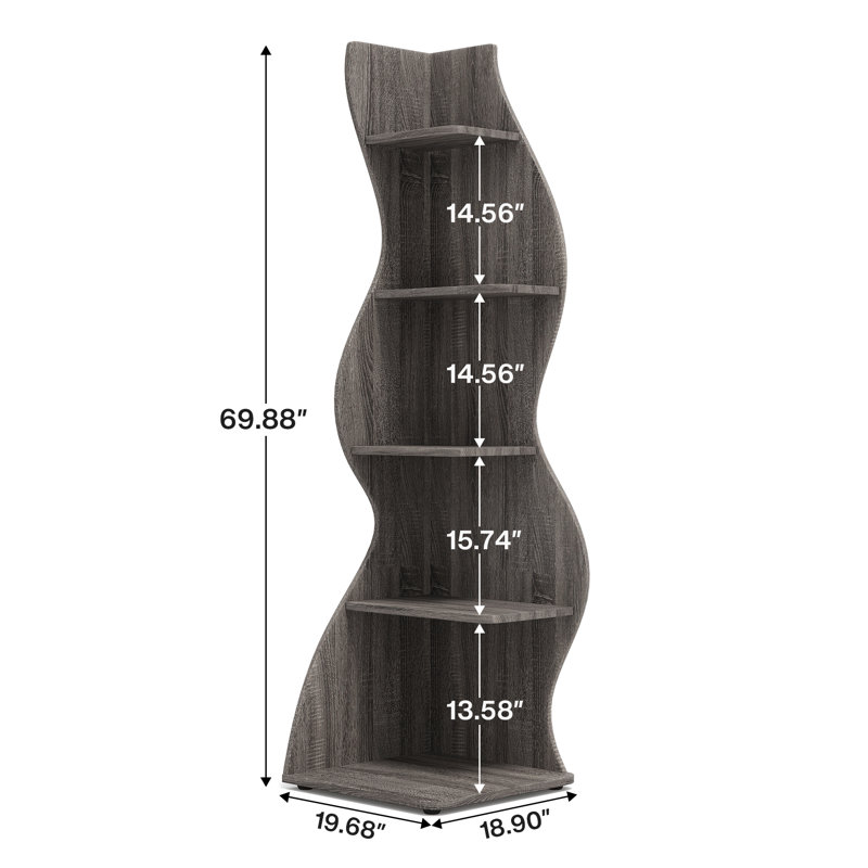Gray 5-Tier Modern Corner Bookcase with Adjustable Shelves
