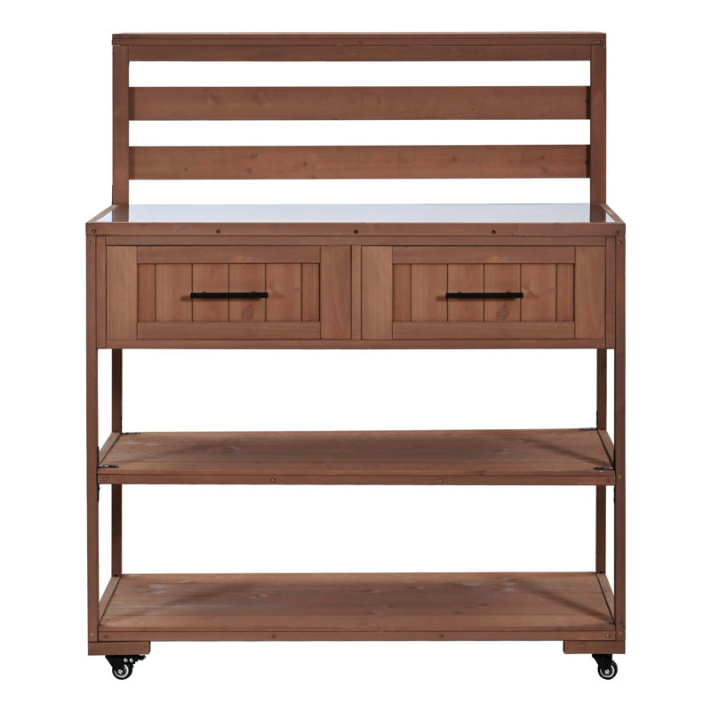 Chariot de cuisine en bois massif pour îlot de cuisine 62,3 po avec plateau en acier inoxydable, banc de jardin avec tablette surélevée et tiroirs, table de préparation pour barbecue, fête