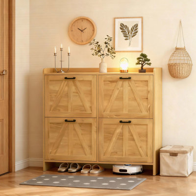 Light Oak Barn-Door Shoe Cabinet with 4 Flip Drawers and Robot Vacuum Clearance