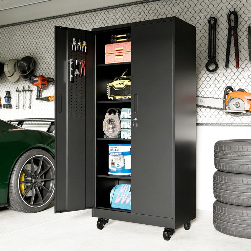 Heavy Duty Metal Storage Cabinet with Doors and Wheels, 71" Tall Garage Cabinet with 4 Adjustable Shelves, Lockable Tool Cabinet with Pegboard & 8 Hooks, Black Steel Storage Cabinet for Garage