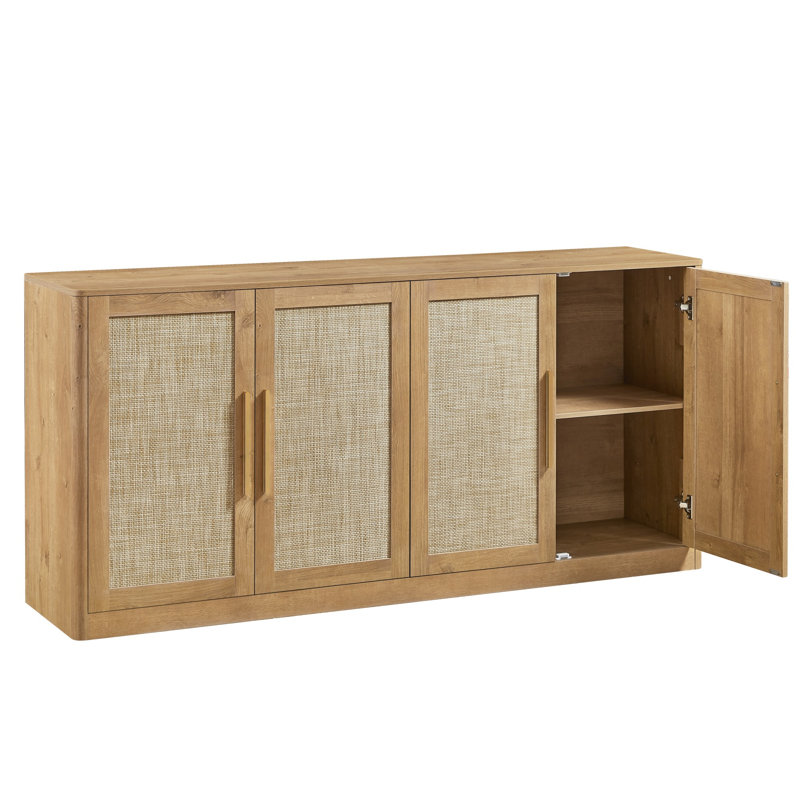 Buffet 67 po, 4 portes en rotin avec meuble télé en bois et console avec tablettes pour le salon et la salle à manger