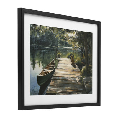Lake Life Dog on Dock Framed Print Under Glass, design by Sara Culpepper