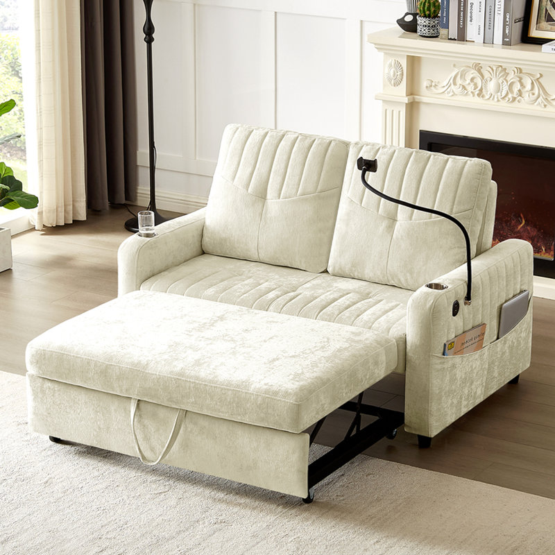 Canapé-lit de 53,9 po avec causeuse moderne avec dossier réglable, deux porte-gobelets, un support pour téléphone, trois ports de chargement et des poches de rangement latérales pour le salon, beige