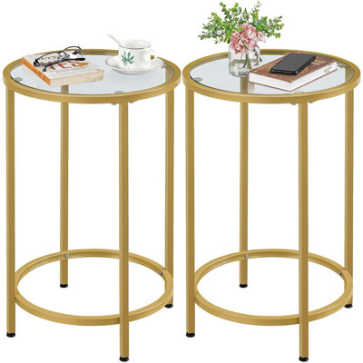 Gold Side Table Set Of 2, Round End Tables Tall Nightstand Bedside Table Set W/glass Top & Metal Frame For Living Room/balcony/bedroom/small Space, Ea by Mercer41