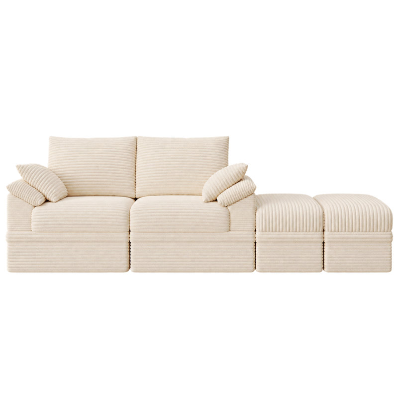 Causeuse modulaire en velours côtelé de 71 po avec rangement sous le siège et repose-pieds, canapé modulaire à assise profonde