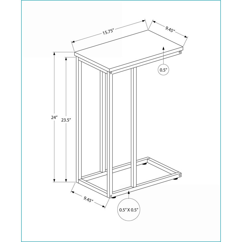 Table basse en forme de C en stratifié gris avec base en métal noir, peu encombrante pour le salon et amp; Chambre à coucher