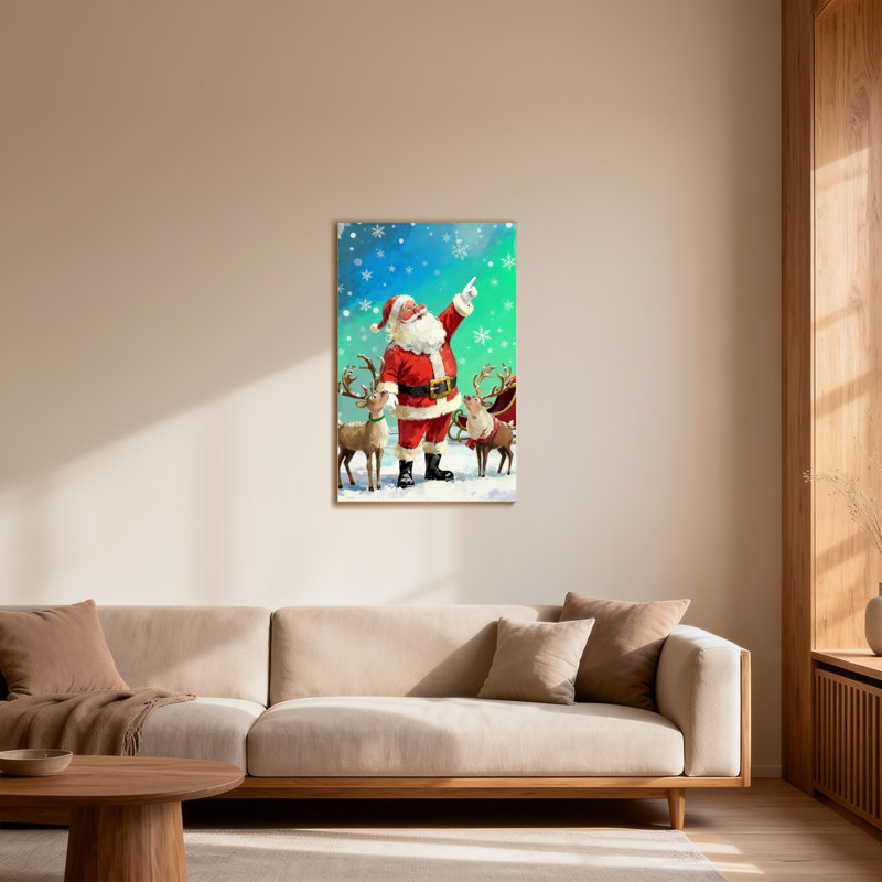 Père Noël avec des rennes dans une scène enneigée, H 48 po x l 32 po