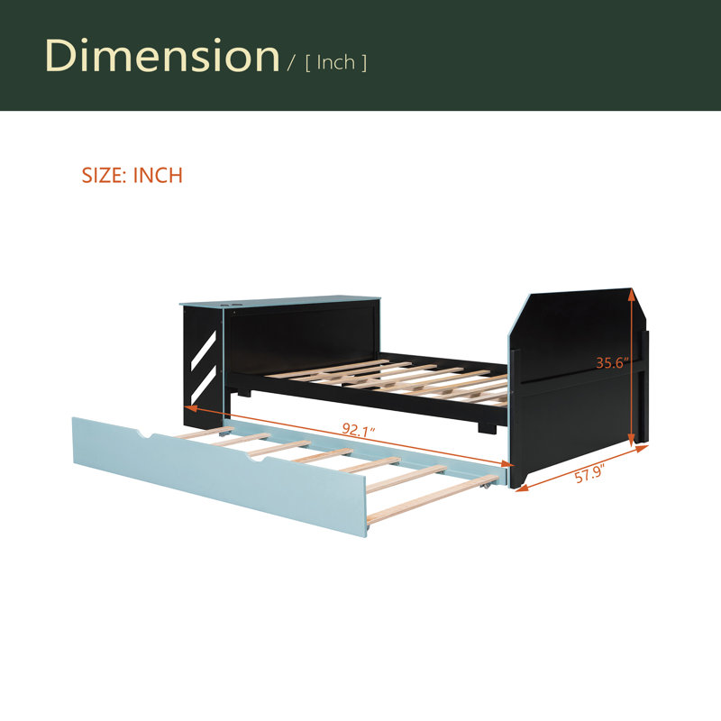 Lit de jour en bois pleine grandeur avec lit gigogne simple, bureau et port USB, Bleu