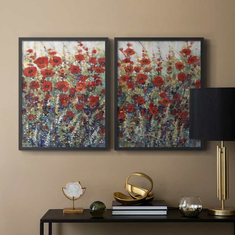 «Garden Poppies I», reproduction encadrée de qualité supérieure - prête à être accrochée - aucun clou requis - aucun clou requis
