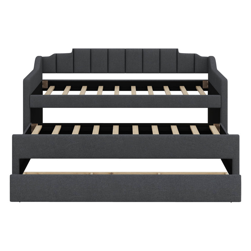 Solid Wood Twin Size Daybed With Trundle And 3 Drawers, Linen Upholstered Daybed Frame With Backrest And Armrest, Gray