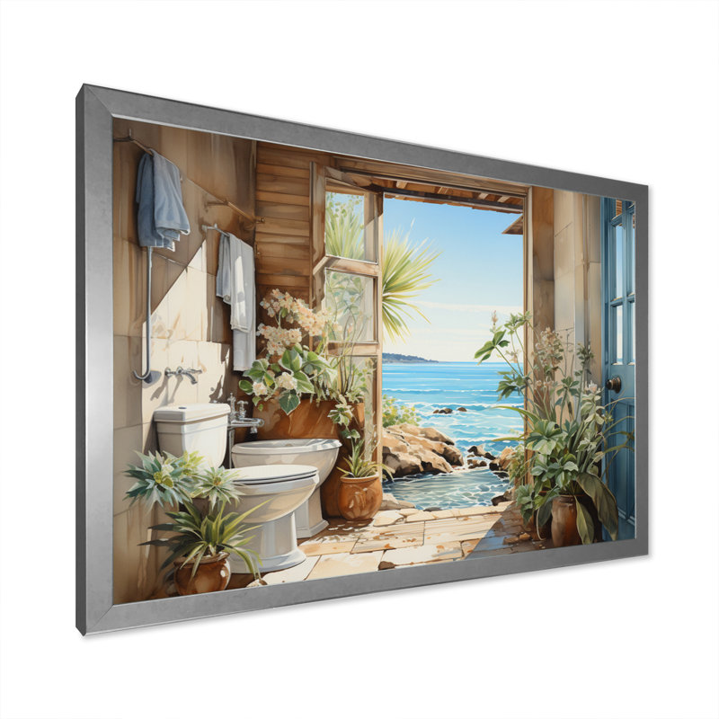 " Bathroom Toilet Coastal Escape I ", Silver Picture Framed, 30" H x 40" W x 1.5" D