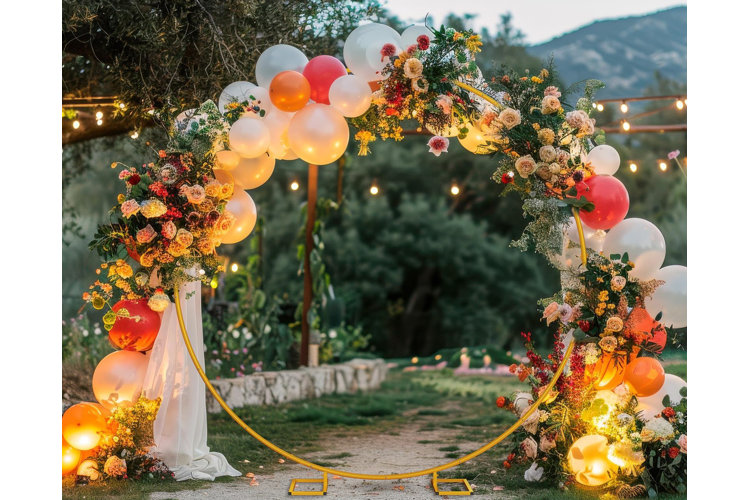 Beautiful wedding arch covered in flowered and balloons