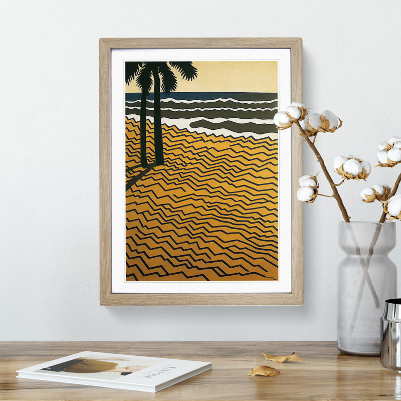 Retro Beach - Single Picture Frame Print, 34cm H x 25cm W x 2cm D, Oak Framed