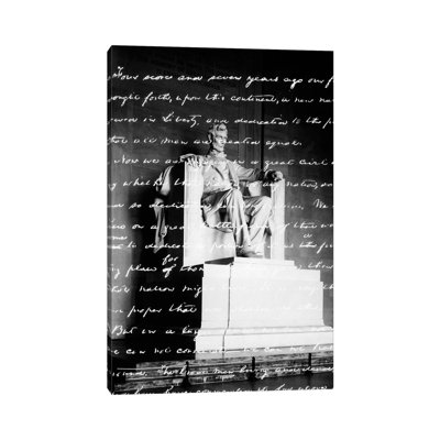 Handwritten Gettysburg Address Superimposed Over Statue At Lincoln Memorial by Vintage Images - Wrapped Canvas Print