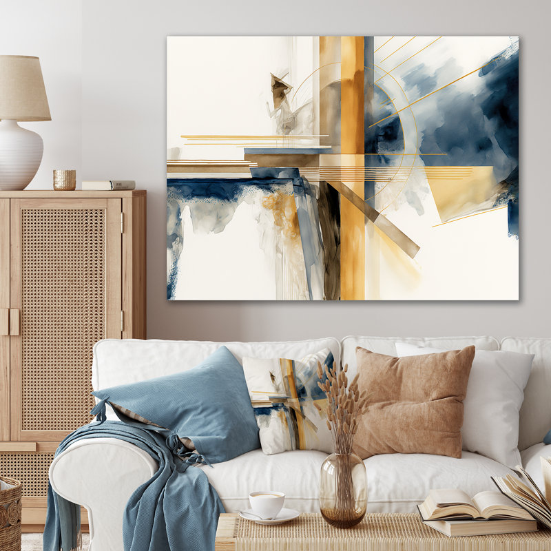 Abstrait moderne bleu et or IV - impressions abstraites sur toile transitionnelle, H 12 po x l 20 po x P 1 po, Toile tendue