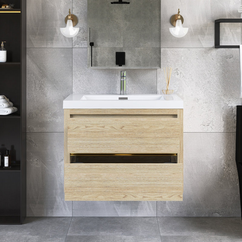 Meuble-lavabo mural 30 po avec comptoir en pierre composite, Naturel / naturel