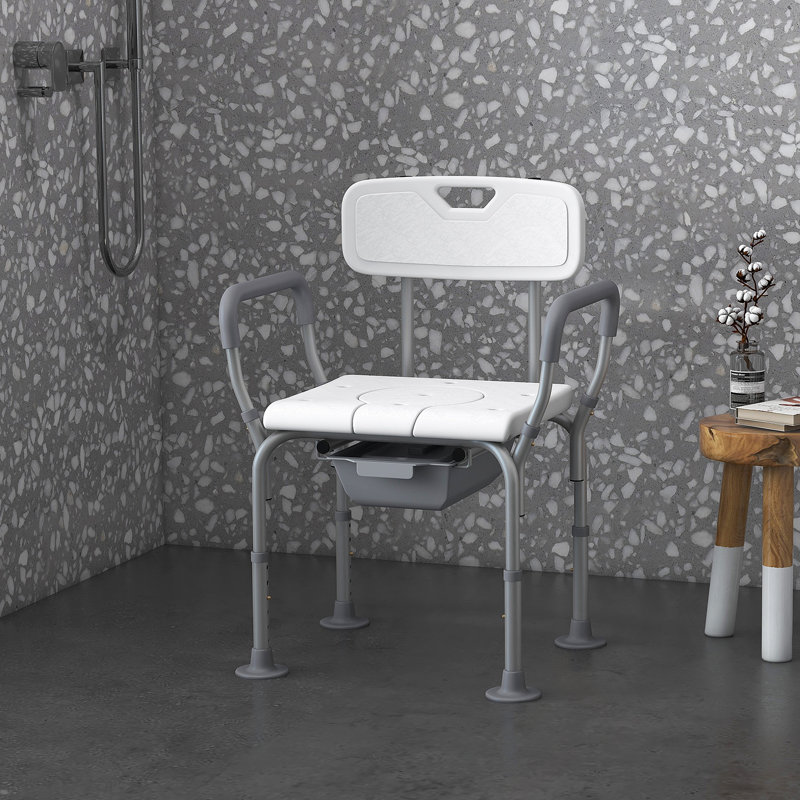 Chaise de douche avec dossier et accoudoirs, commode de chevet à hauteur réglable, siège de toilette surélevé pour plus de confort et de sécurité pour les personnes âgées et les personnes à mobilité réduite