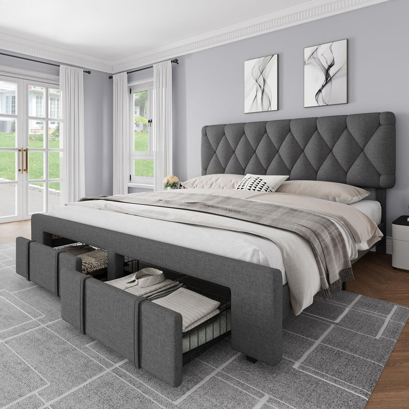 Upholstered Platform Bed Frame with Storage Drawers, Mattress Foundation with Solid Wooden Slats, No Box Spring Needed, Gray