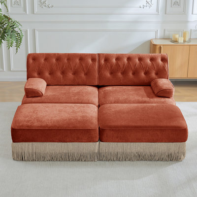 With 2 Ottoman, Breathable Comfort Velvet Fabric, Tassel Skirt Chesterfield Style Sofa, Free Combination, Slightly Curved Square Armrests, Premium Wooden Base, Easy To Assemble, For Living Room,Red Br