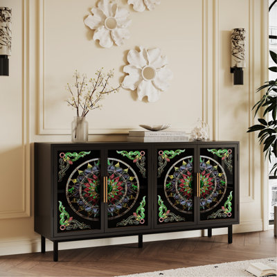 60.3" Art Entrance Cabinet With Painted Glass And Black Frame, Great For Storage In Dining, Living, Or Rooms Buffet Artistic Metal Elevating Aesthetics Of Areas