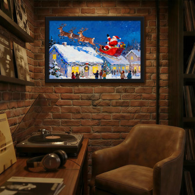 Christmas Santa Flying Over Snowy Village Houses