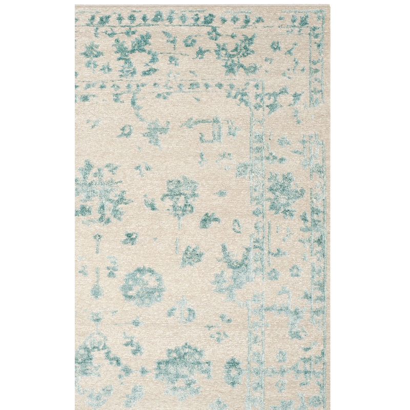 Rectangle Centennial Floral Hand-Knotted Wool/Viscose Area Rug in Silver/Light Blue, Rectangle 8' x 10'