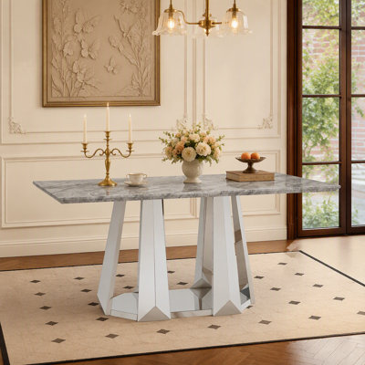 Marble Dining Table for 6 People, 70'' Rectangle Faux Marble Dining Table with Mirrored Finish Stainless Steel Base, Modern Large Size Marble Kitchen
