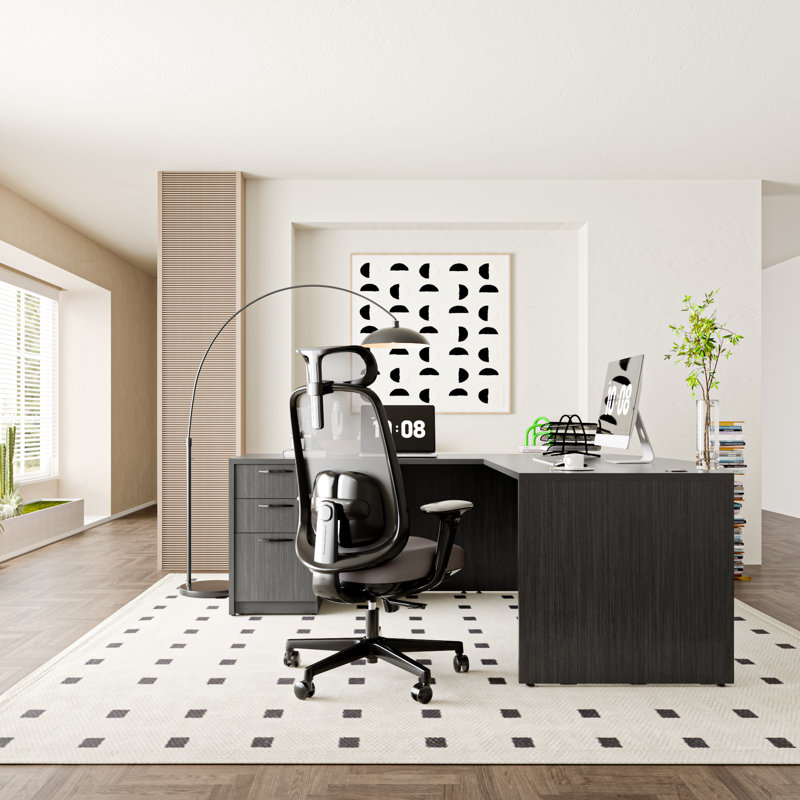 Bow Front L-Shaped Executive Desk With File Cabinet, Gray