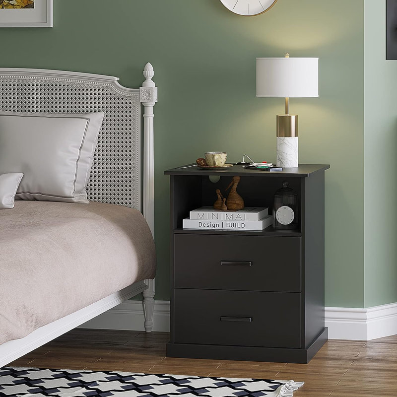 Table de chevet avec 2 tiroirs de rangement et casier ouvert, table de chevet avec station de charge, plateau de table plus large de 19,0 po x 15,0 po, table de bout pour bureau à domicile, chambre à coucher, salon, dortoir, noir