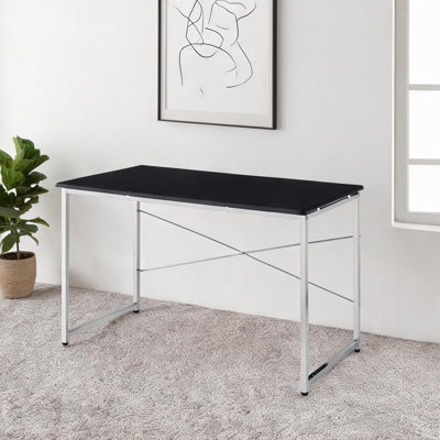 47.5-Inch Writing Desk with Shelves, Deep Black and Silver Sled Base, Contemporary Rectangle Workstation for Home Office
