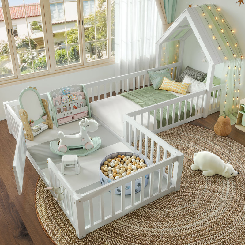 Twin House Floor Bed with Door & Full-Length Guardrails – Double Twin Floor Bed for Kids, Multi-Functional, White, Twin
