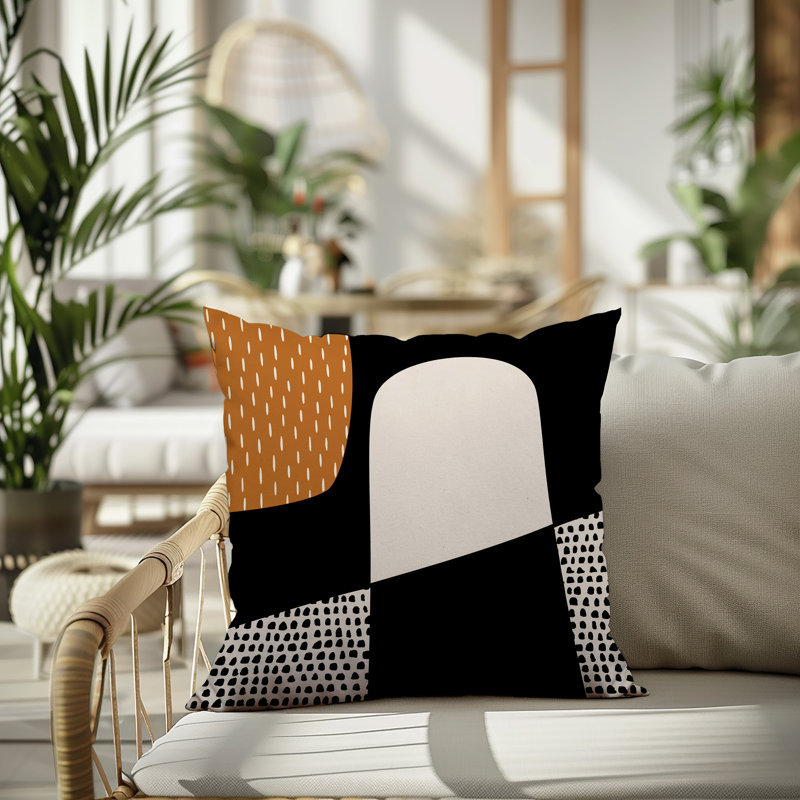 Coussin carré intérieur / extérieur pia, H 15 po x l 15 po, Orange brûlé / noir / blanc cassé