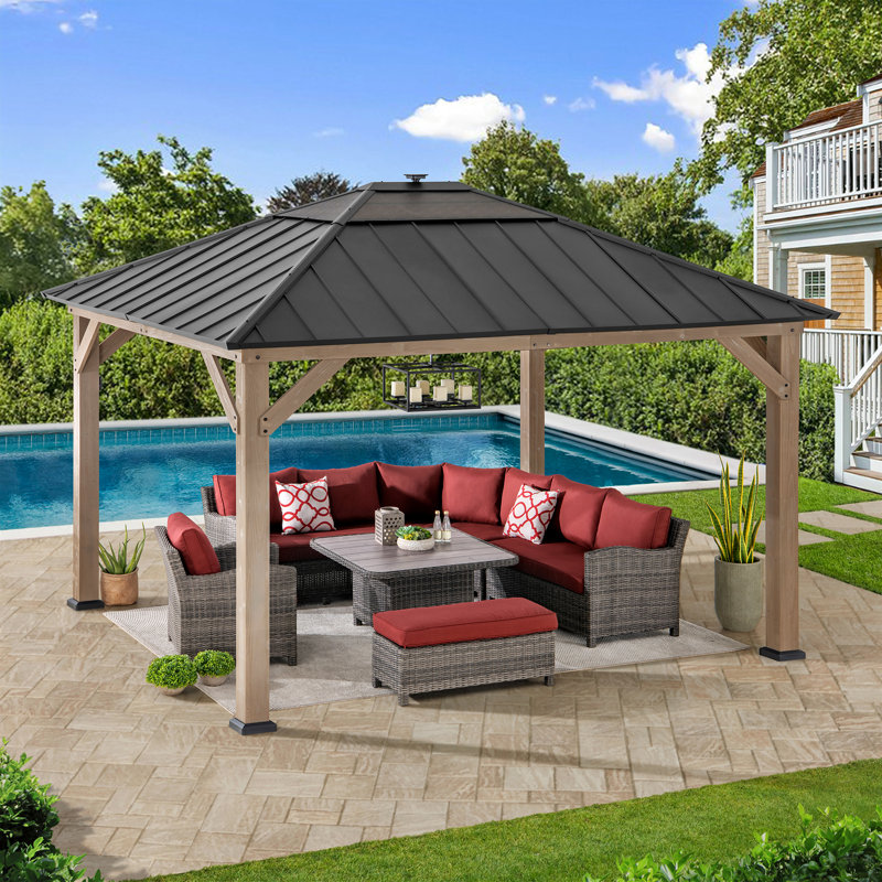 Sunjoy 11’ x 13’ Grayden Wood Gazebo, Outdoor Patio Solar Powered Hardtop Gazebo with One-Tier Metal Roof, LED Light  and Ceiling Hook