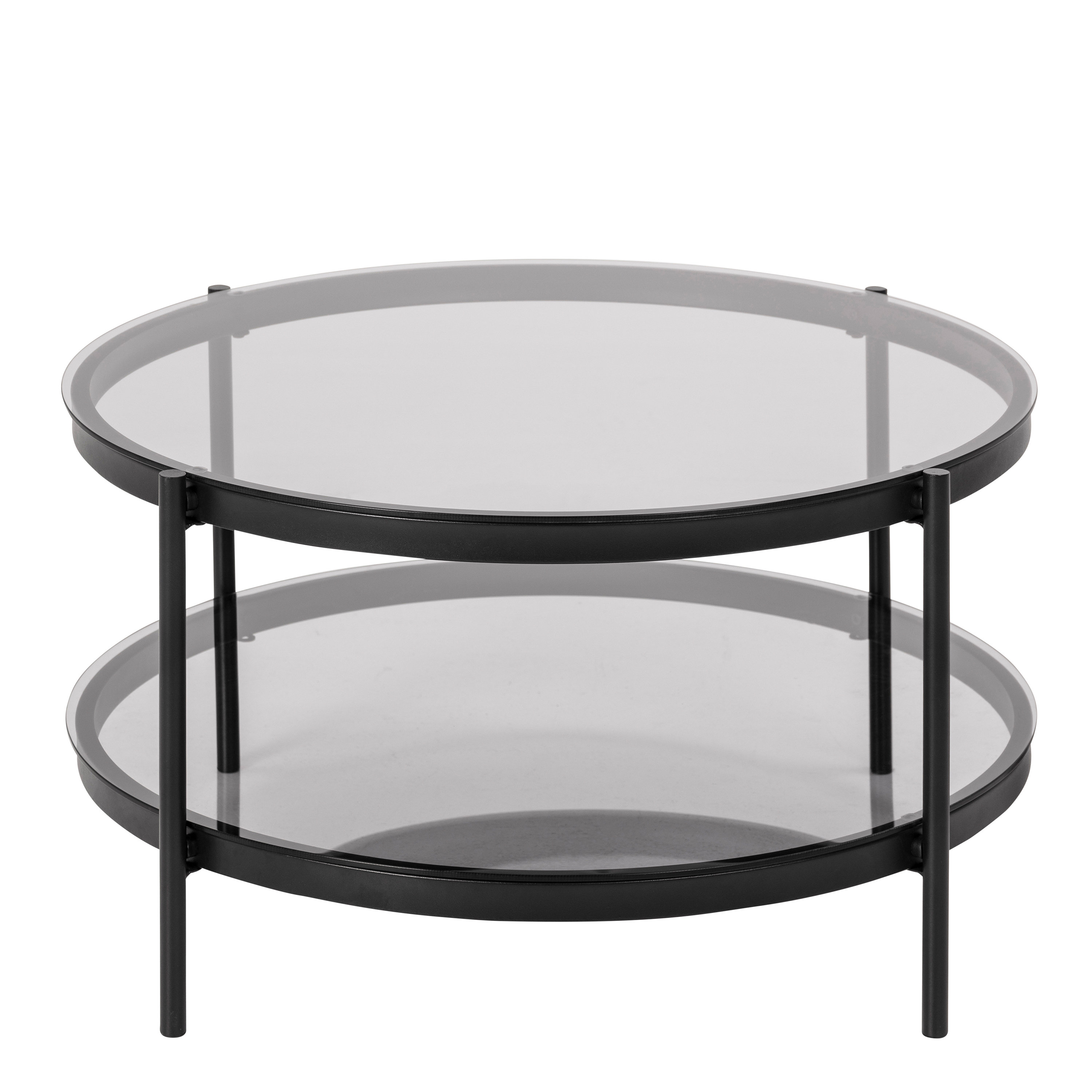 Latitude Run Bayonne Round Coffee Table in Black with Smoked Glass Top ...