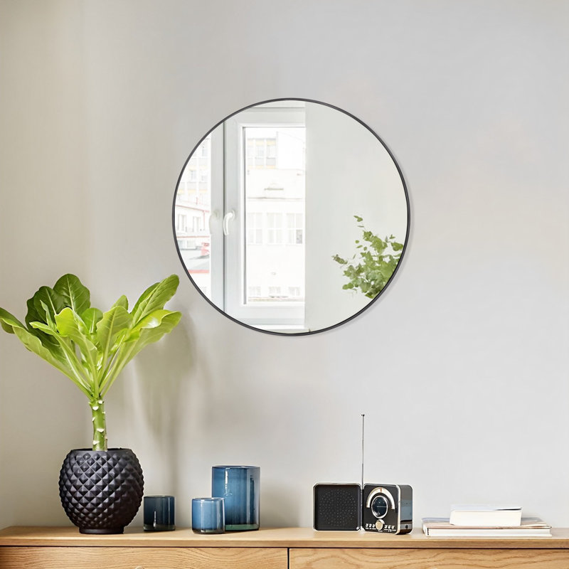 Miroir mural moderne à cadre rond, Noir, 18 po x 18 po
