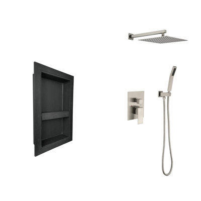 Système de douche avec pomme de douche, douche à main, boyau, garniture de valve, poignées à levier et niche