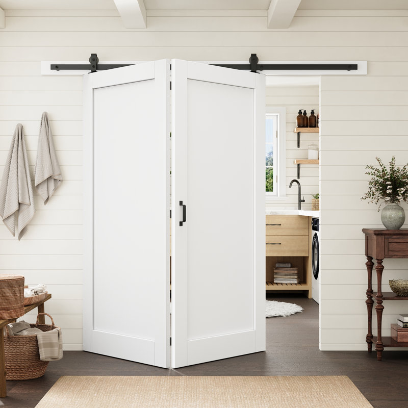 Porte intérieure standard à un panneau, âme pleine, apprêtée et préfinie, 36 po x 80 po, avec ensemble de quincaillerie pour portes de grange pliantes