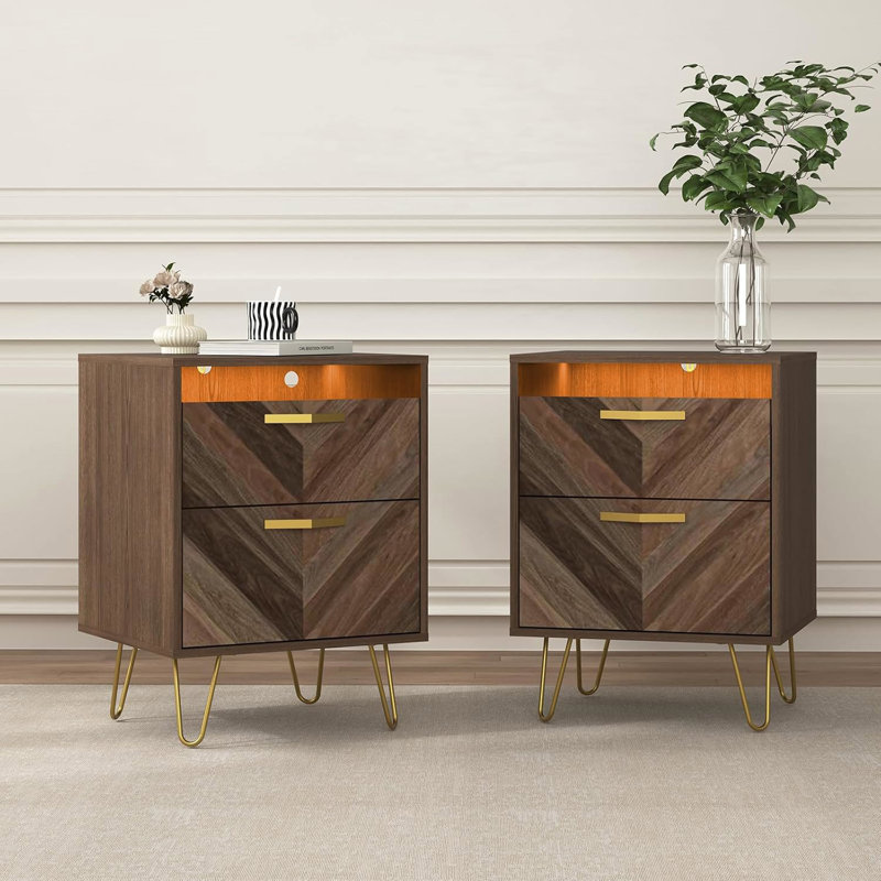 Table de chevet à DEL avec 2 tiroirs et pieds en métal doré au fini grain de bois pour le salon de la chambre à coucher