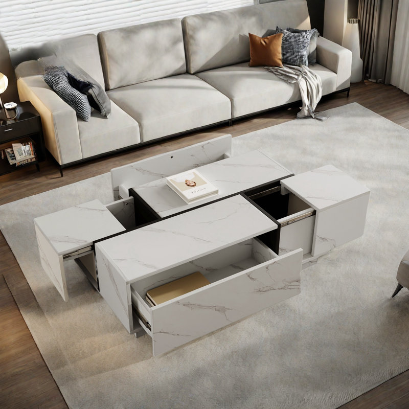 Rectangular Sliding Top Coffee Table With 2 Drawers And 2 Hidden Storage Compartments
