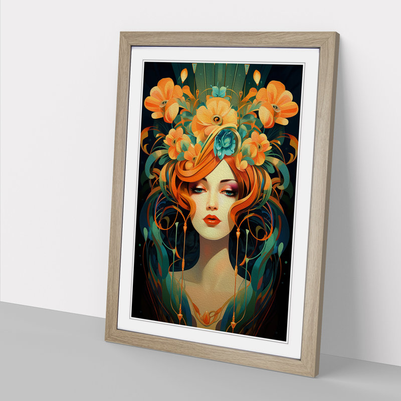 Female Art Deco Art - Framed Print, 46cm H x 34cm W, Oak Framed