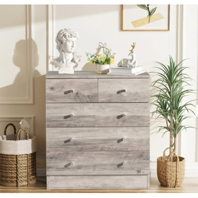 Gray 4-Tier 5-Drawer Dresser With Matte Gold Handles, Bedroom Nightstand Storage Chest